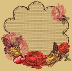 Background with blooming roses lace napkin and butterflies Vector illustration