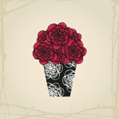 Hand drawn doodle roses in tattoo style and black vase