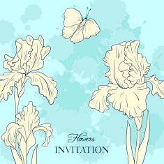 floral card with bouquet of irises and butterfly