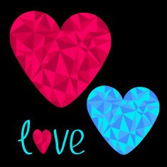 Blue and pink hearts Polygonal effect Love card Black backgro