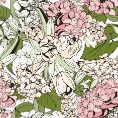 Pastel seamless pattern with tulips and hydrangeas