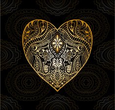 Golden heart on black background detailed lace pattern