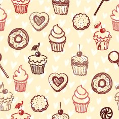 Seamless texture sweets donut biscuit on background polka dots N8