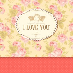 Vintage card with roses in the background and Cupid N3