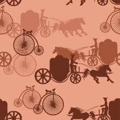 Seamless pattern of vintage horse carriages and bicycles