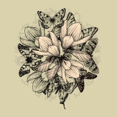 Floral background with magnolia flowers and butterflies Vector illustration