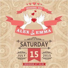 Wedding invitation with pigeon couple and paisley lace