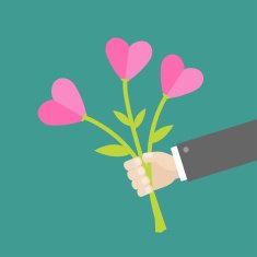 Businessman hand holding bouquet of herat flowers Flat design