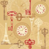 Vintage seamless pattern with clock keys and Eiffel tower