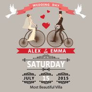Wedding invitation Cartoon bride groom on retro bike