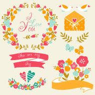 Romantic vector set made of hearts flowers and birds