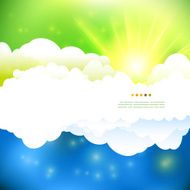 Summer green and blue cloudy sky with sun illustration