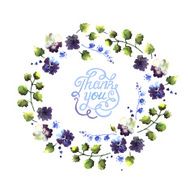 Watercolor THANK YOU words in wreath withwreath with blue flower