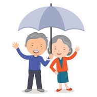 Elderly couple with umbrella waving