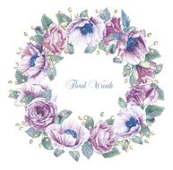 Round frame of watercolor roses poppies and berries N2