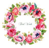 Round frame of watercolor roses poppies and berries N3