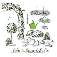 Set of hand drawn garden plants rock garden