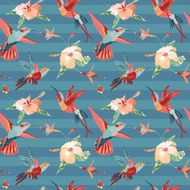 Hummingbird and Tropical Background - Retro seamless pattern N2