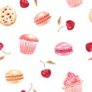 Hand drawn dessert and cherry seamless pattern