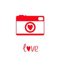 Red and white photo camera with heart Love card