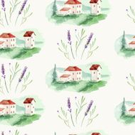 vector watercolor provence chalet and lavender seamless pattern N2