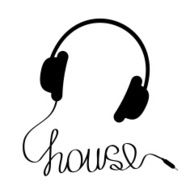 Black headphones with cord in shape of word house Music