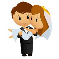Cartoon groom carrying bride holding her in his arms
