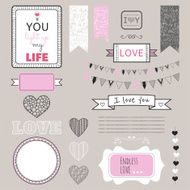 Romantic graphic set borders hearts frames ribbons labels