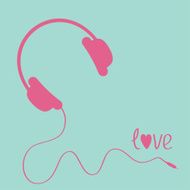 Pink headphones with cord Blue background Love card