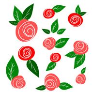 Set of sketch roses and leaves isolated on white