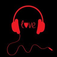 Red headphones with cord on black background Love card