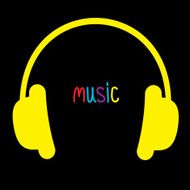 Yellow headphones and colorful word Music Card