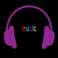 Violet headphones and colorful word Music Card