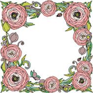 Ranunculus-rose flowers vector frame with