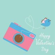 Photo camera with flying bird Happy Valentines Day card