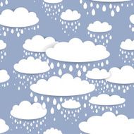 Seamless pattern with white clouds raindrops on a blue background