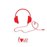 Red headphones and cord in shape of heart White background N2