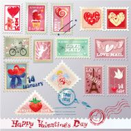 Set of vintage post stamps with hearts for Valentines Day