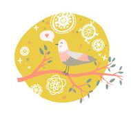 Cartoon vector card with cute bird on brunch