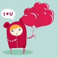 Cute cartoon character Valentine&#039;s day postcard with hearts balloons