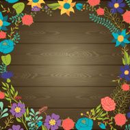 Wood texture background with various flowers