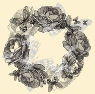 Wreath of roses butterflies hand-drawing Vector illustration