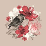Flower background with bird butterfly and flowering apple trees