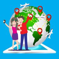 couple using smart phone take selfie picture themselves world map
