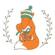 Birthday card Cute fox with a gift ( vector ) N2