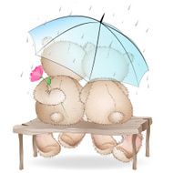 Two lovers bears sitting on a bench under an umbrella