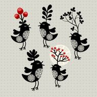 Set of strange birds with plants on their heads