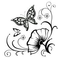 Decorative composition of curls flower and ornamented abstract silhouette butterflies N7