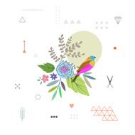 Gentle decor with flowers and bird Vector Isolated