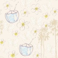 Seamless pattern with coconut nut palm trees and flowers vector